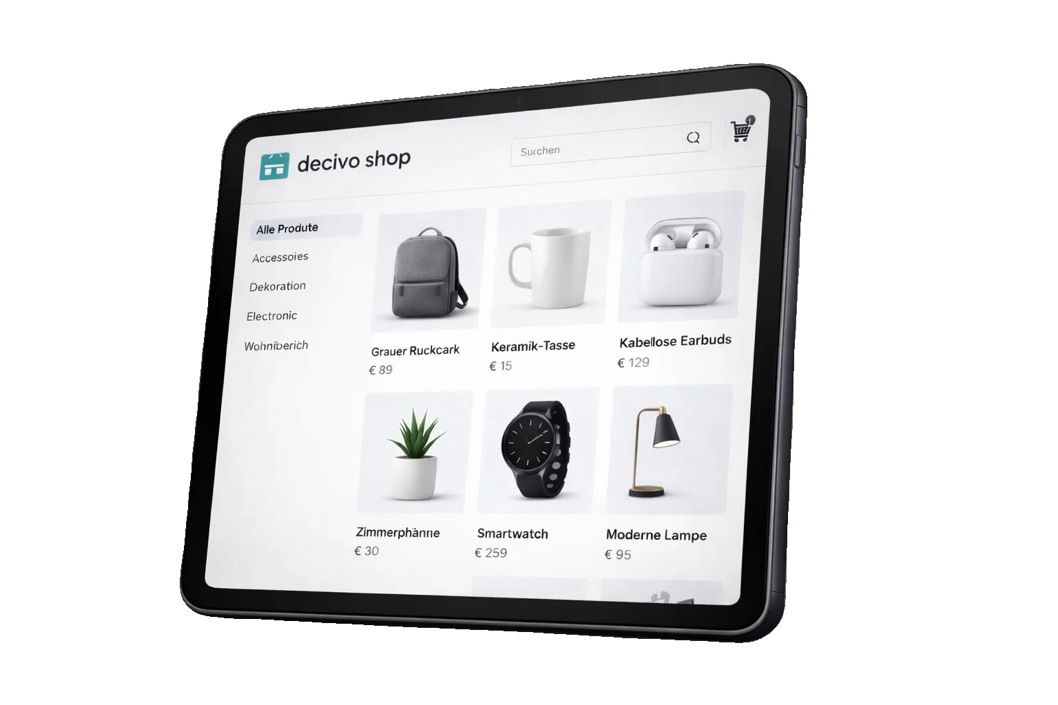 iPad zeigt einen strukturierten Online-Shop mit Produktkatalog, Kategorien und Warenkorb